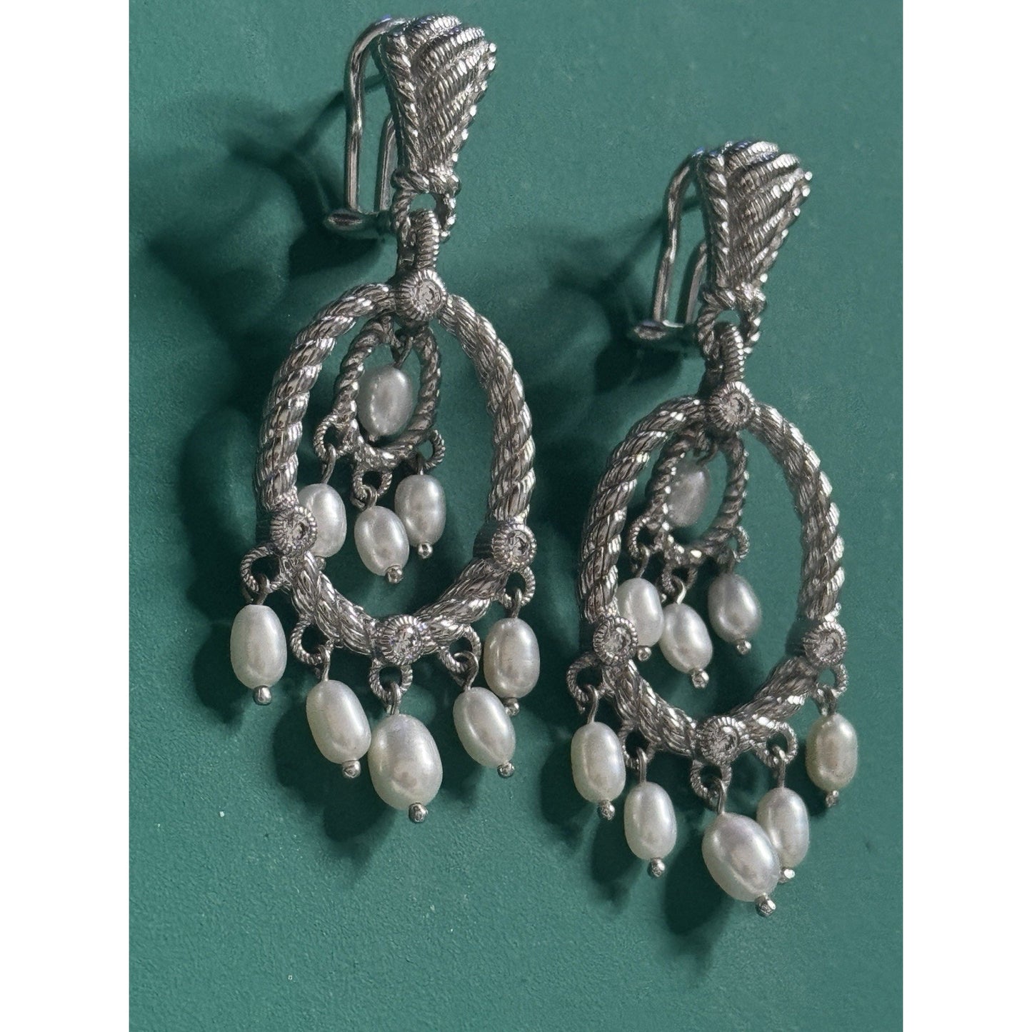 Vintage Judith Ripka 925 Sterling Silver Pearl Chandelier Drop Earrings 14.6g