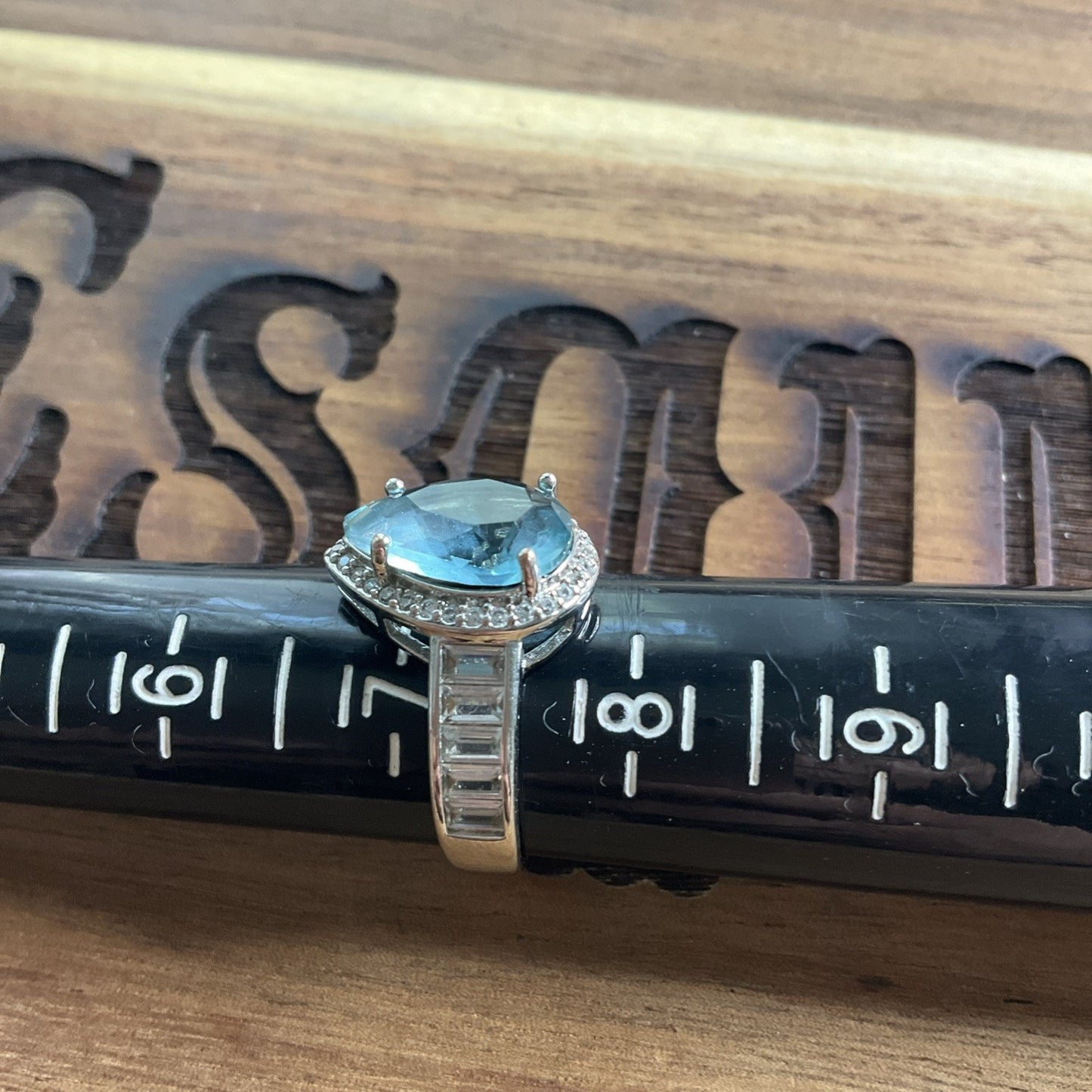 Vintage Blue Pear Cut Gemstone Halo Ring Sterling Silver Statement Ring Size 7