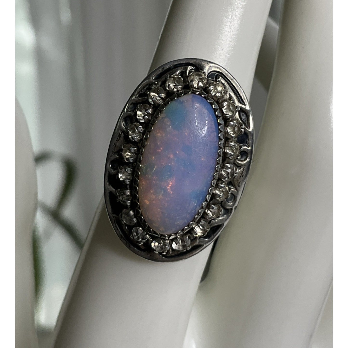 Vintage Opal Oval Cabochon Crystal Halo Sterling Silver Statement Ring 6.5