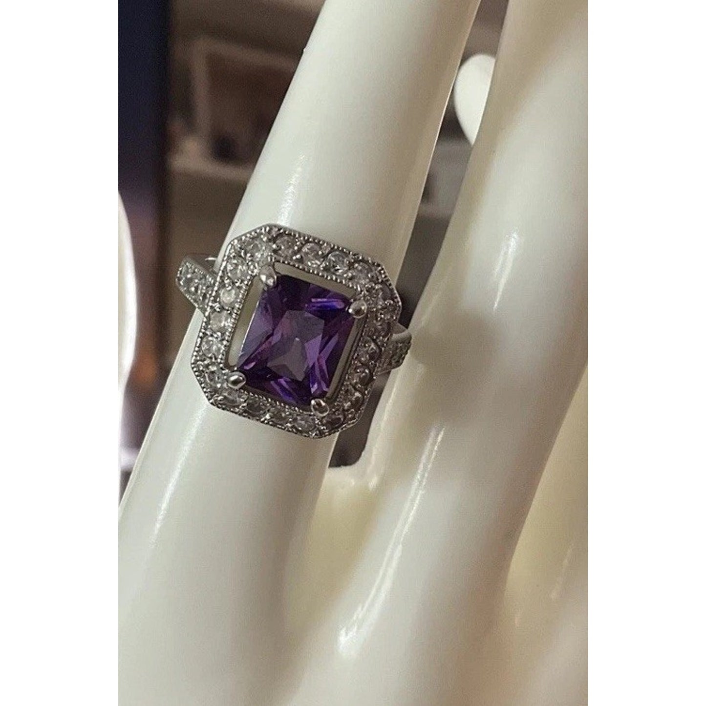 Art Deco FAS 925 Sterling Silver Amethyst CZ Ring Size 8.5 Vintage