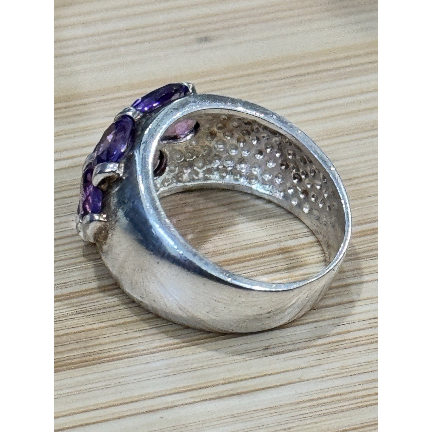Vintage Sterling Silver 9 Stone Natural Amethyst Cluster Ring Size 6 Wide Band