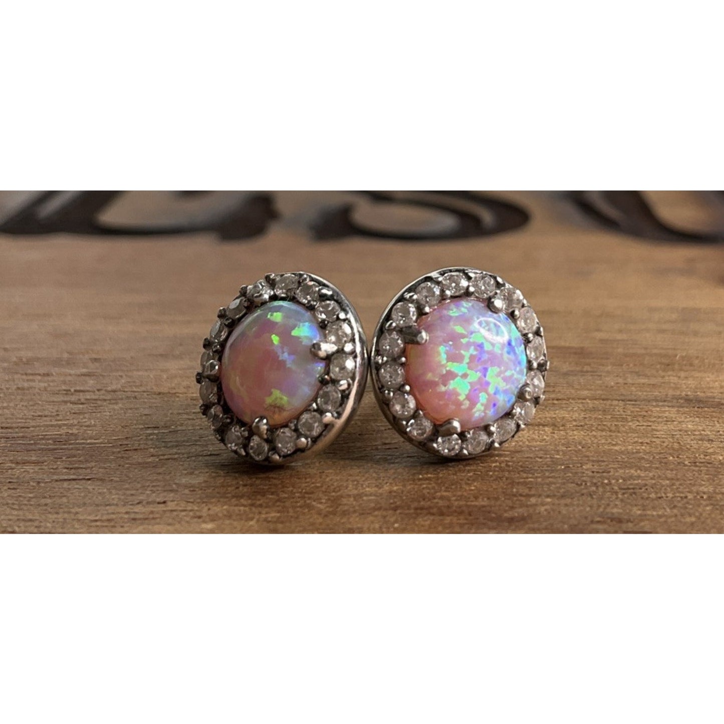 Sterling Silver Opal Halo Stud Earrings Round Fire Opal 925