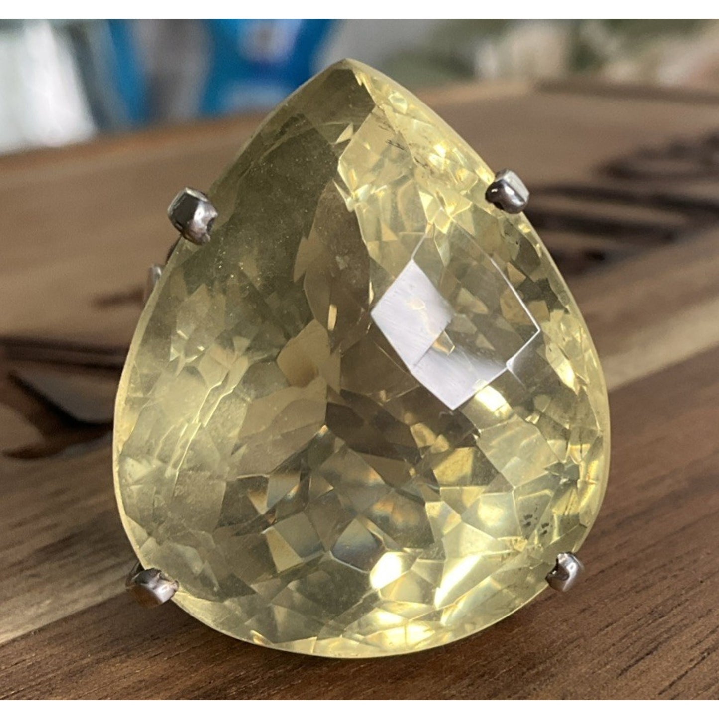 Vintage Sterling Silver Pear Cut Yellow Quartz Cocktail Statement 28g Ring 8.5