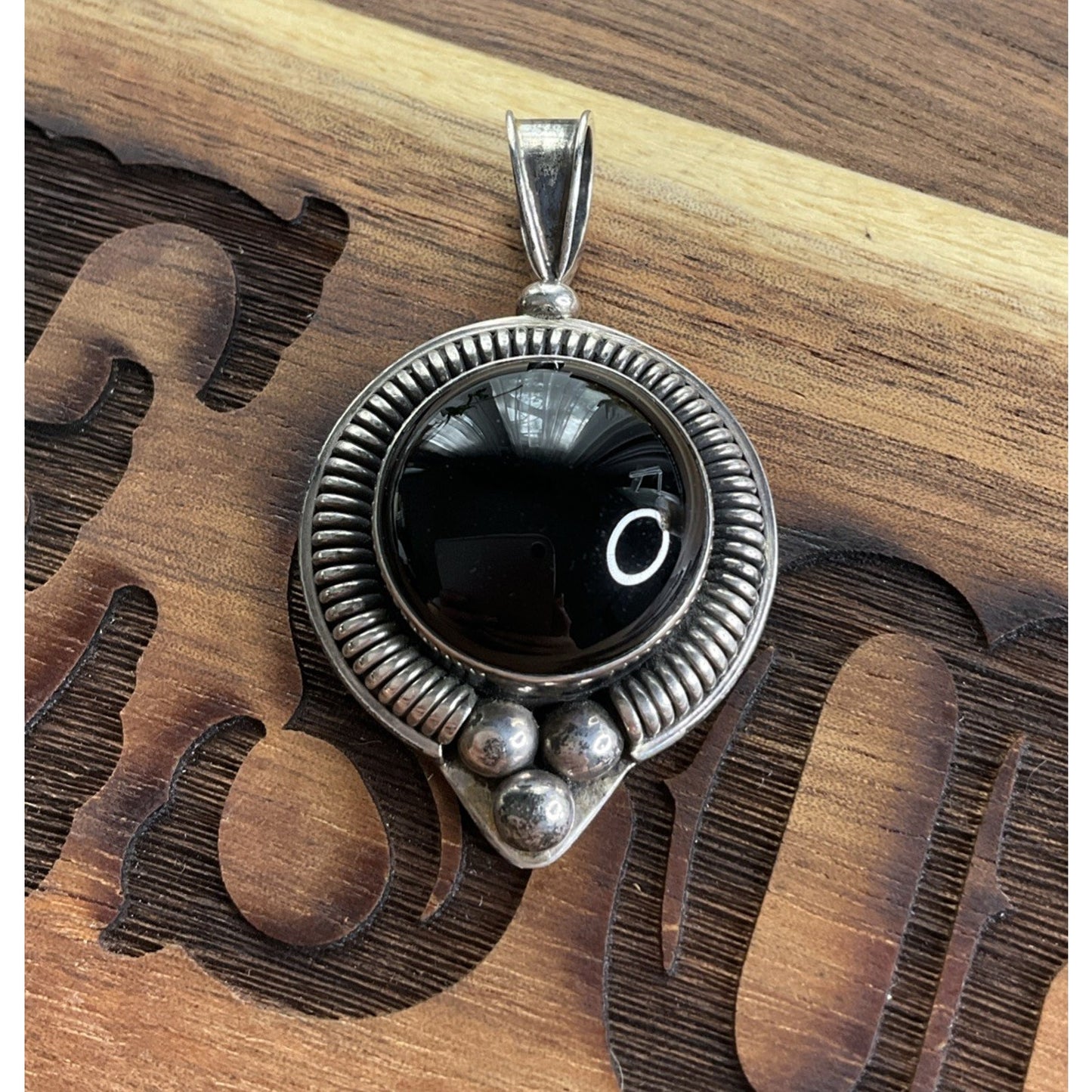 BA 925 Sterling Silver Black Onyx Pendant Large Statement Round Cabochon Vintage