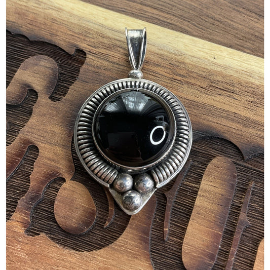 BA 925 Sterling Silver Black Onyx Pendant Large Statement Round Cabochon Vintage