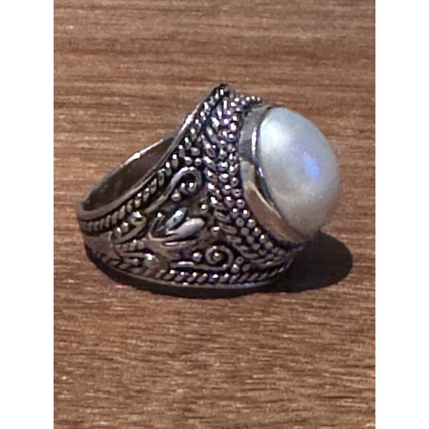 Sterling Silver CFJ Thailand Ornate Filigree Ring with Genuine Pearl Size 5