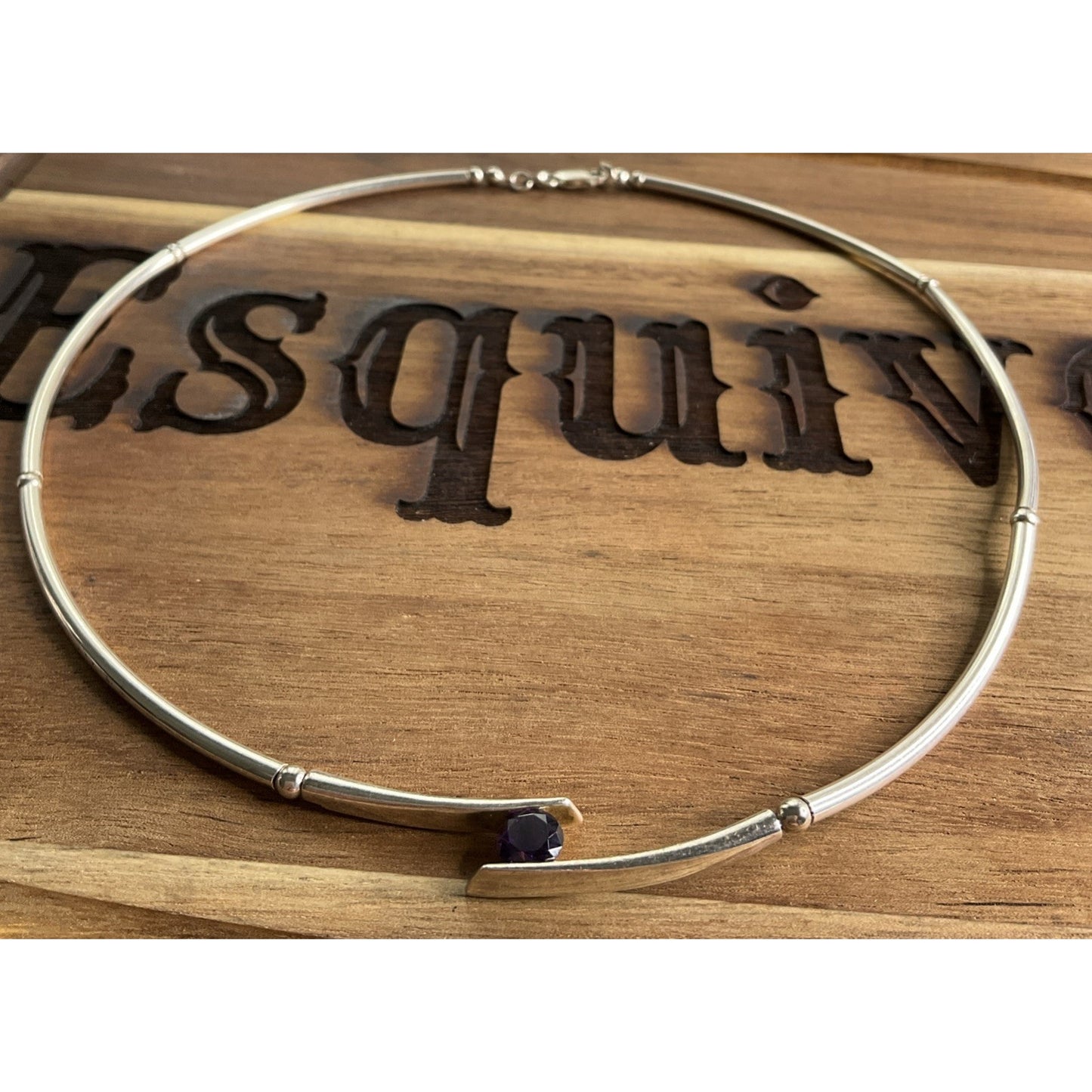 Sterling Silver Amethyst Collar Necklace Minimalist Modern Torque Necklace