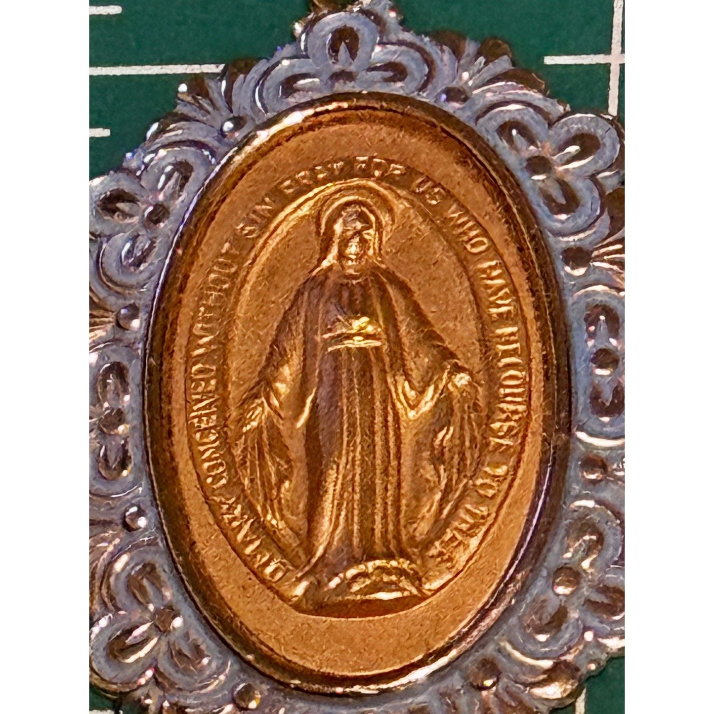 Vintage Germany Miraculous Medal Virgin Mary Gold Tone Blue Enamel Pendant