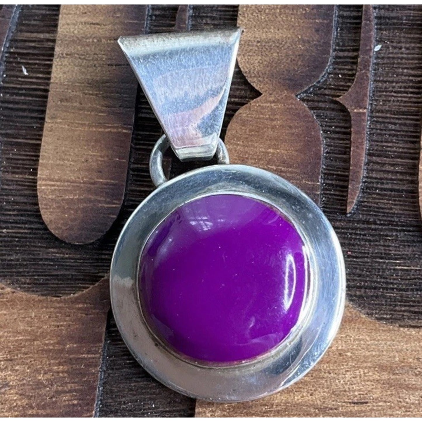 Sterling Silver Purple Cabochon Pendant 925 Round Bezel Statement Charm