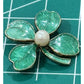 Vintage Green Enamel Shamrock Four Leaf Clover With Pearl Lucky Pin Brooch