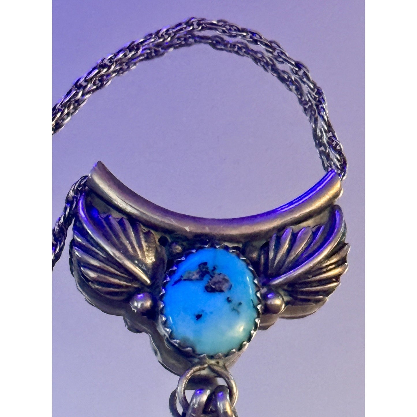 Vintage Sterling Silver Turquoise Wing Feather Pendant Necklace 16” 2.25” Tall