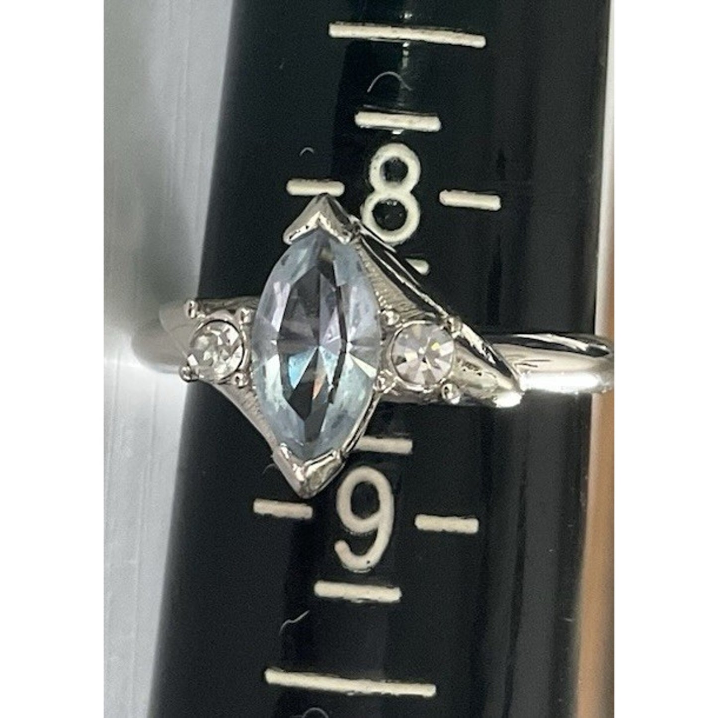 Vintage Sterling Silver 925 Blue Topaz Marquise Ring w CZ Accents Size 8.5