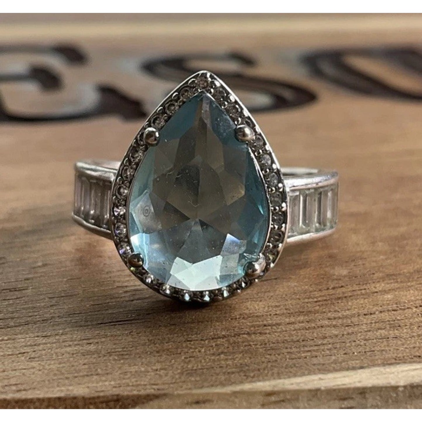 Vintage Blue Pear Cut Gemstone Halo Ring Sterling Silver Statement Ring Size 7
