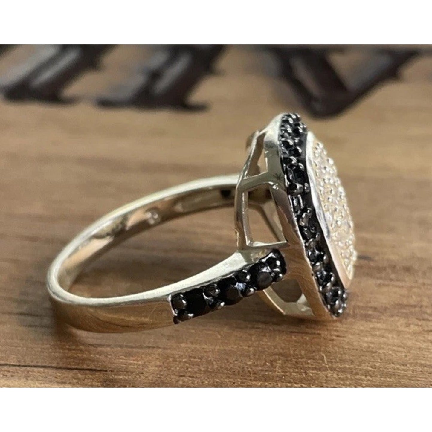 Sterling Silver Black & White CZ Halo Square Cushion Cluster Ring Size 7