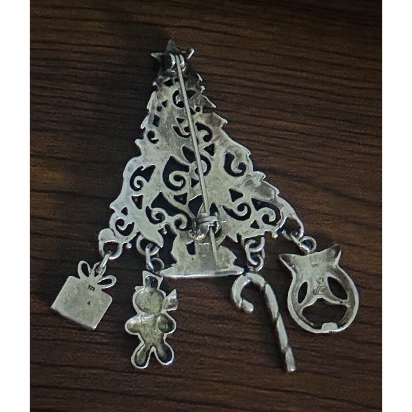 Vintage Jezlaine Sterling Silver Scroll Christmas Tree Dangle Charms Brooch Pin