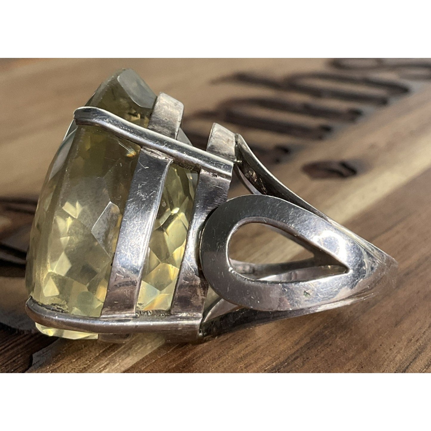 Vintage Sterling Silver Pear Cut Yellow Quartz Cocktail Statement 28g Ring 8.5
