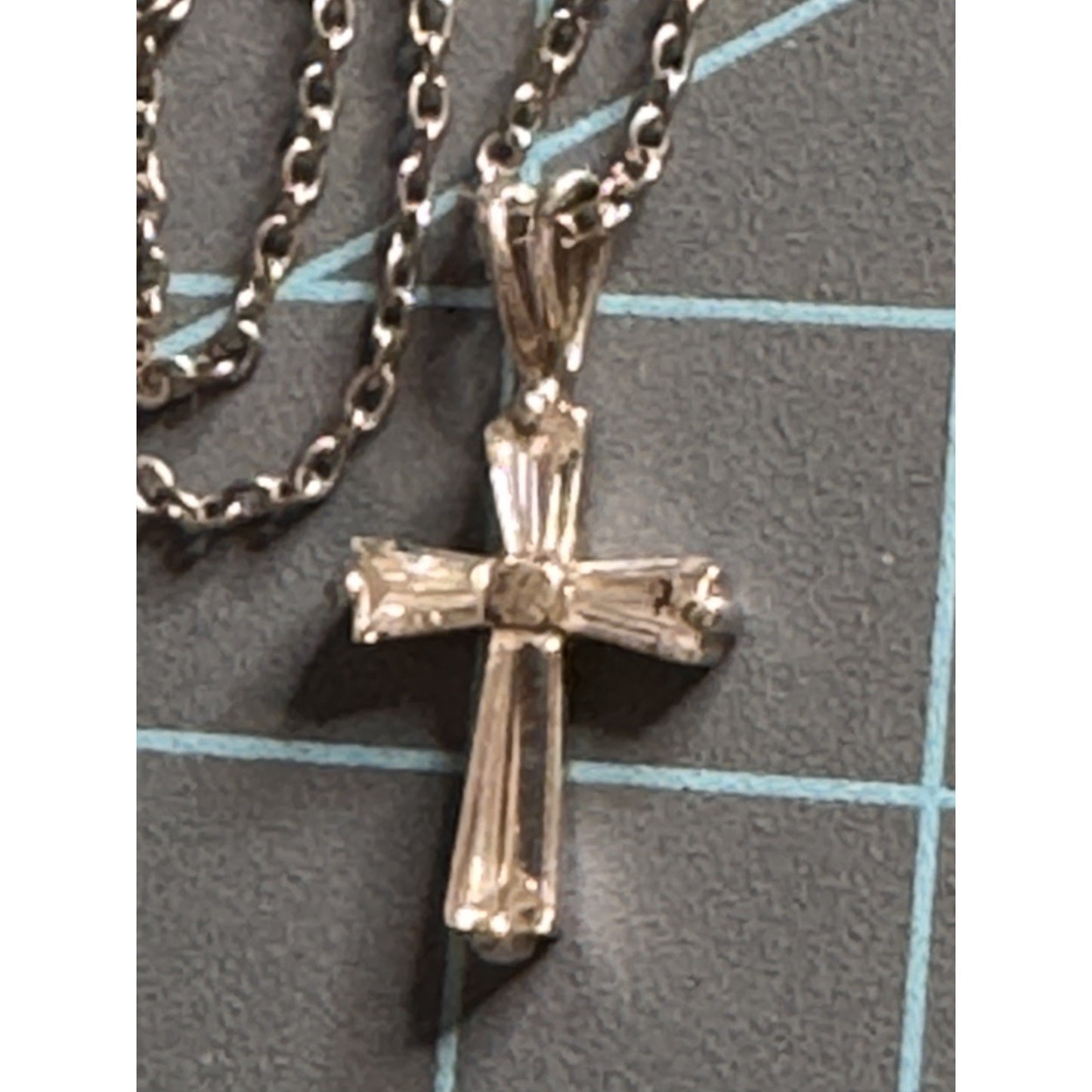 Sterling Silver CZ Cross Necklace 18” Chain 4g Baguette Cubic Zirconia
