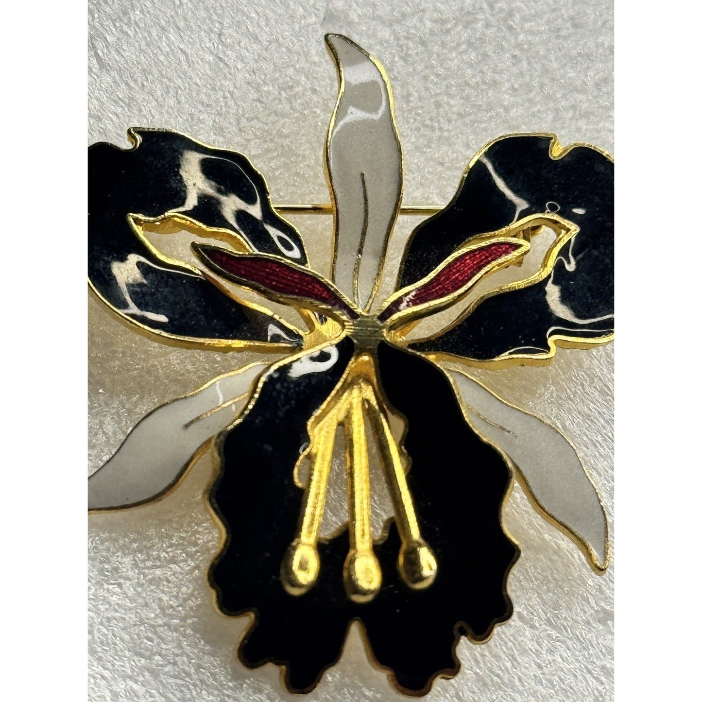 Vintage Cloisonné Orchid Flower Brooch Pin Gold Tone Black White Enamel Floral