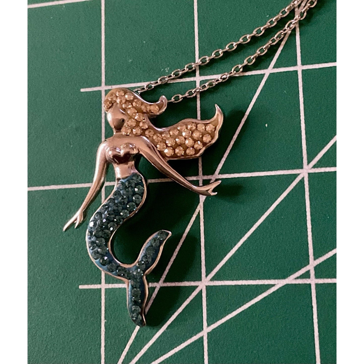 Sterling Silver Mermaid Pendant Blue & Gold Crystal Tail With 21” Necklace 925
