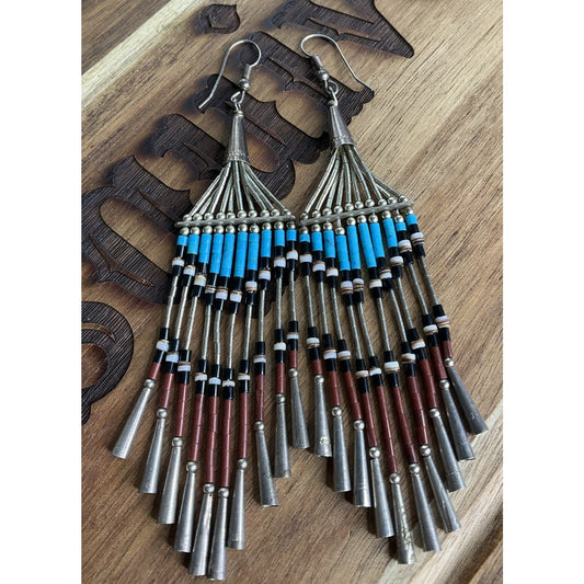 Vintage Sterling Silver Turquoise Coral Dangle Earrings Southwest