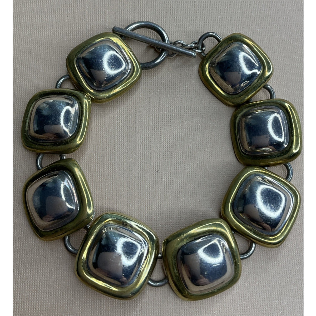 Mexico 925 Sterling Silver Two Tone Square Link Bracelet 36g Toggle 7.5”