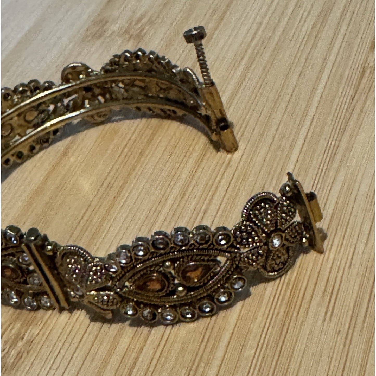 Vintage Etruscan Revival Filigree Rhinestone Amber Glass Bracelet