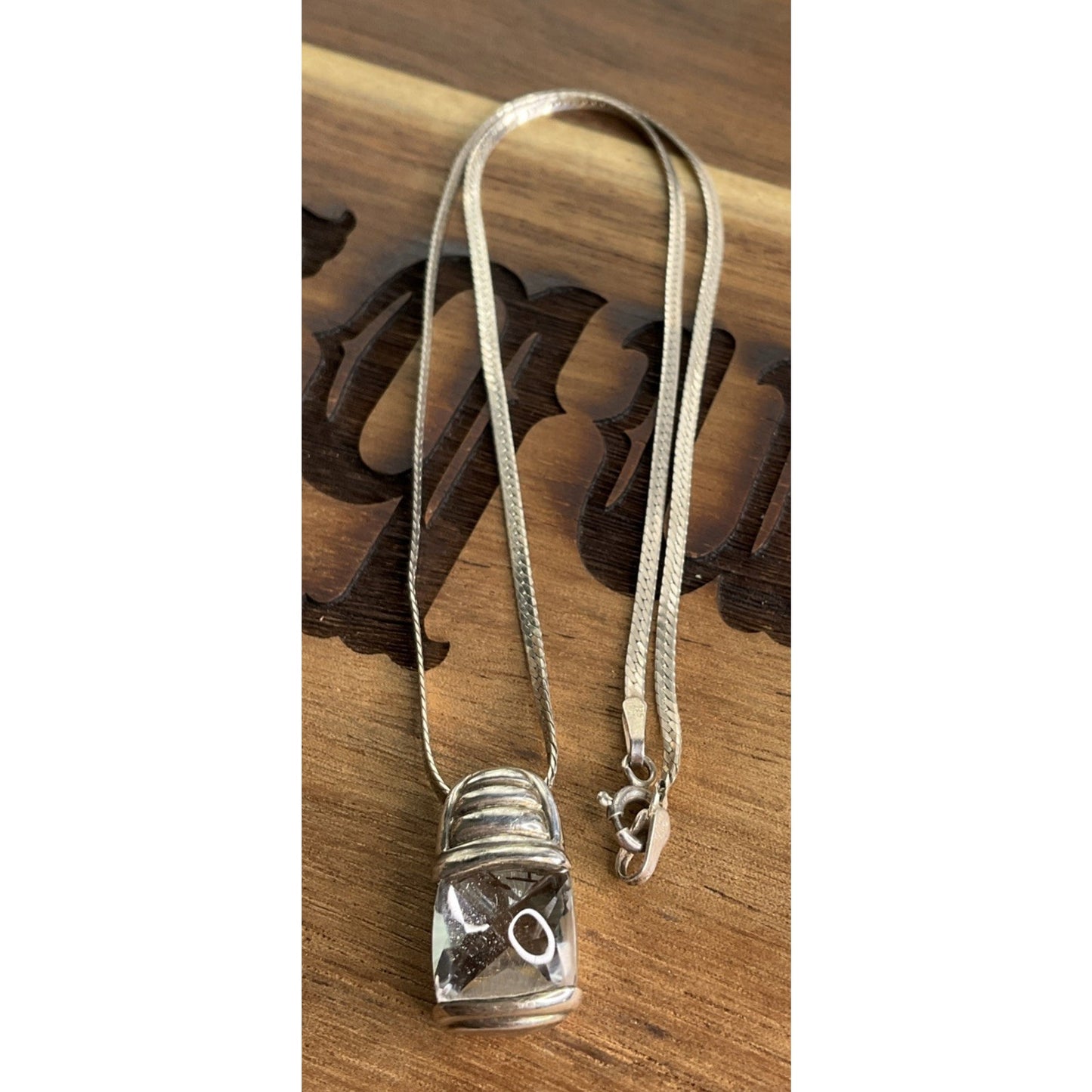 Sterling Silver Herringbone Necklace Clear Crystal Pendant 925