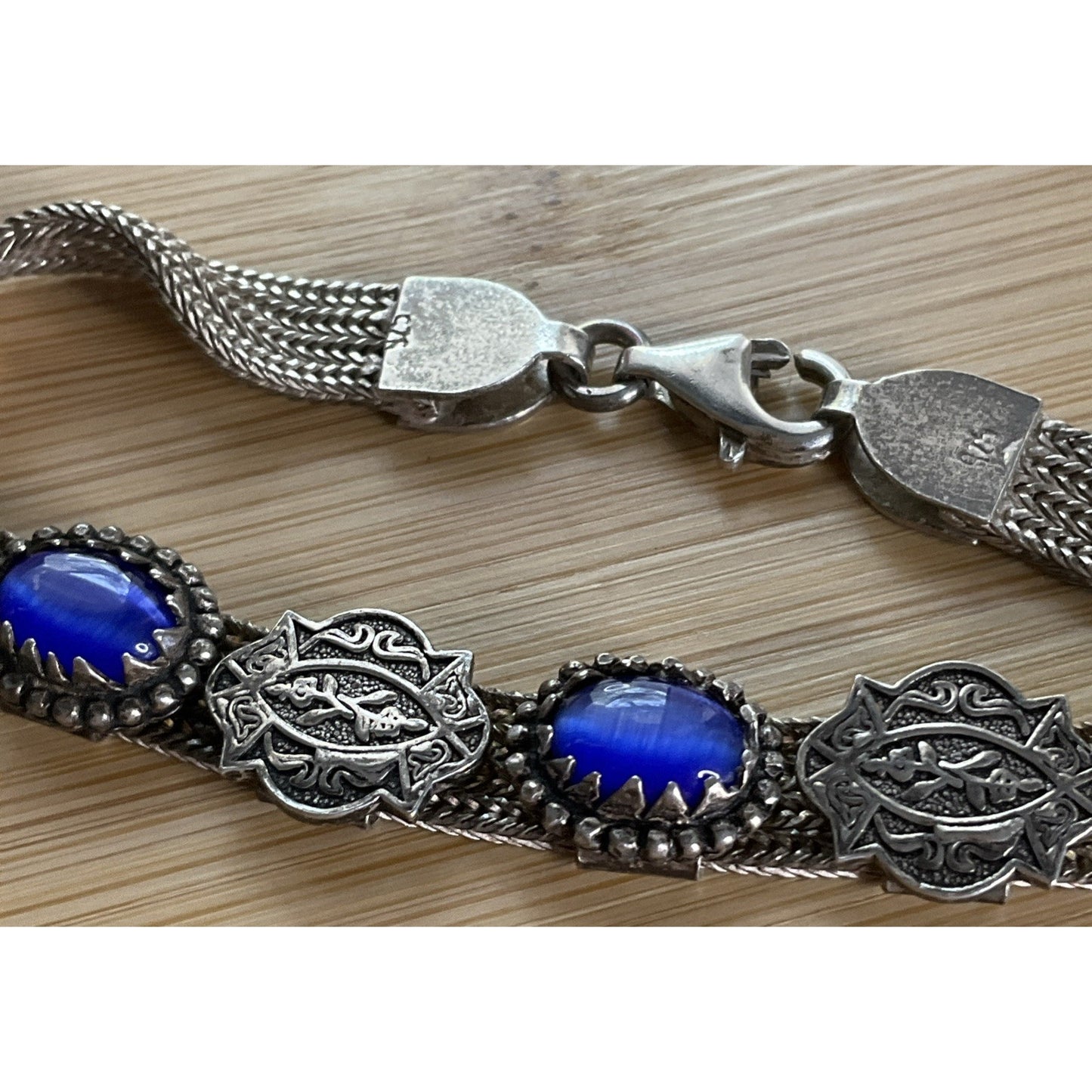 Vintage 925 Sterling Silver Blue Cat Eye Concho Multi Strand Bracelet 7.25”
