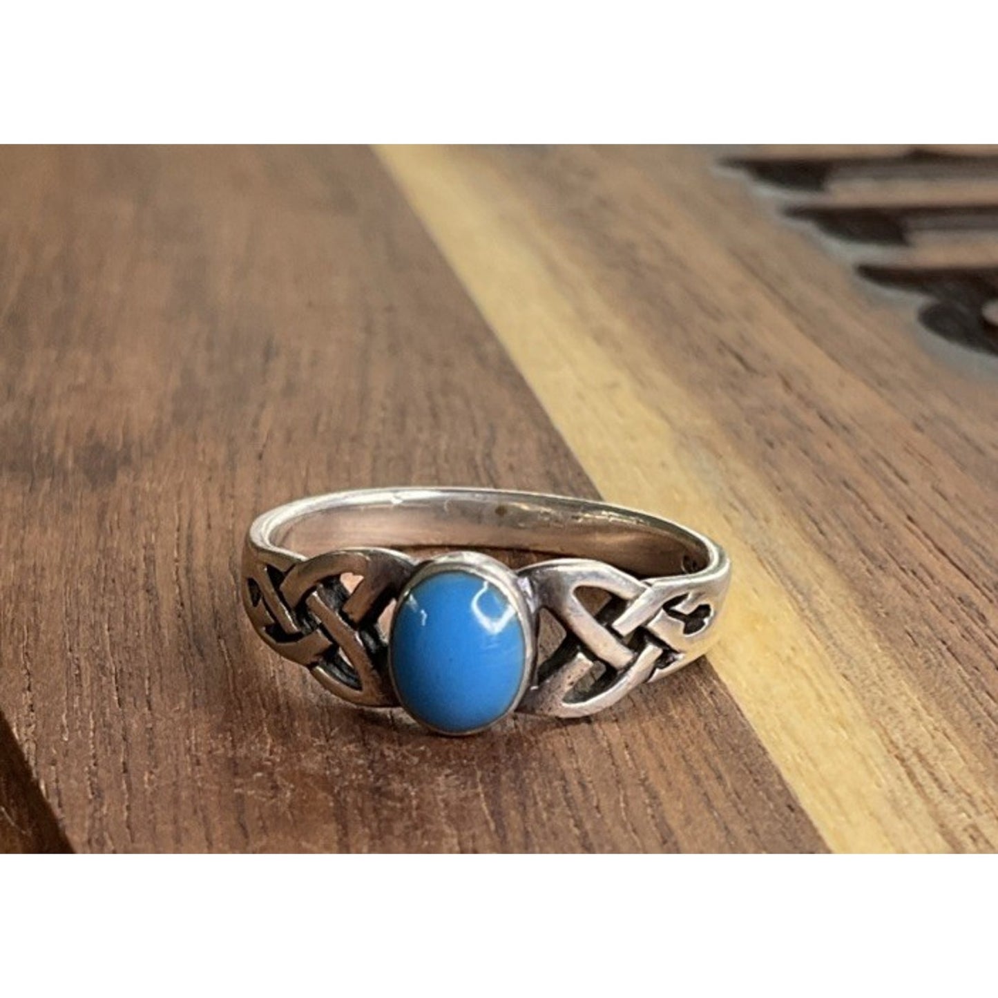 Sterling Silver Celtic Knot Ring with Blue Cabochon – Size 7