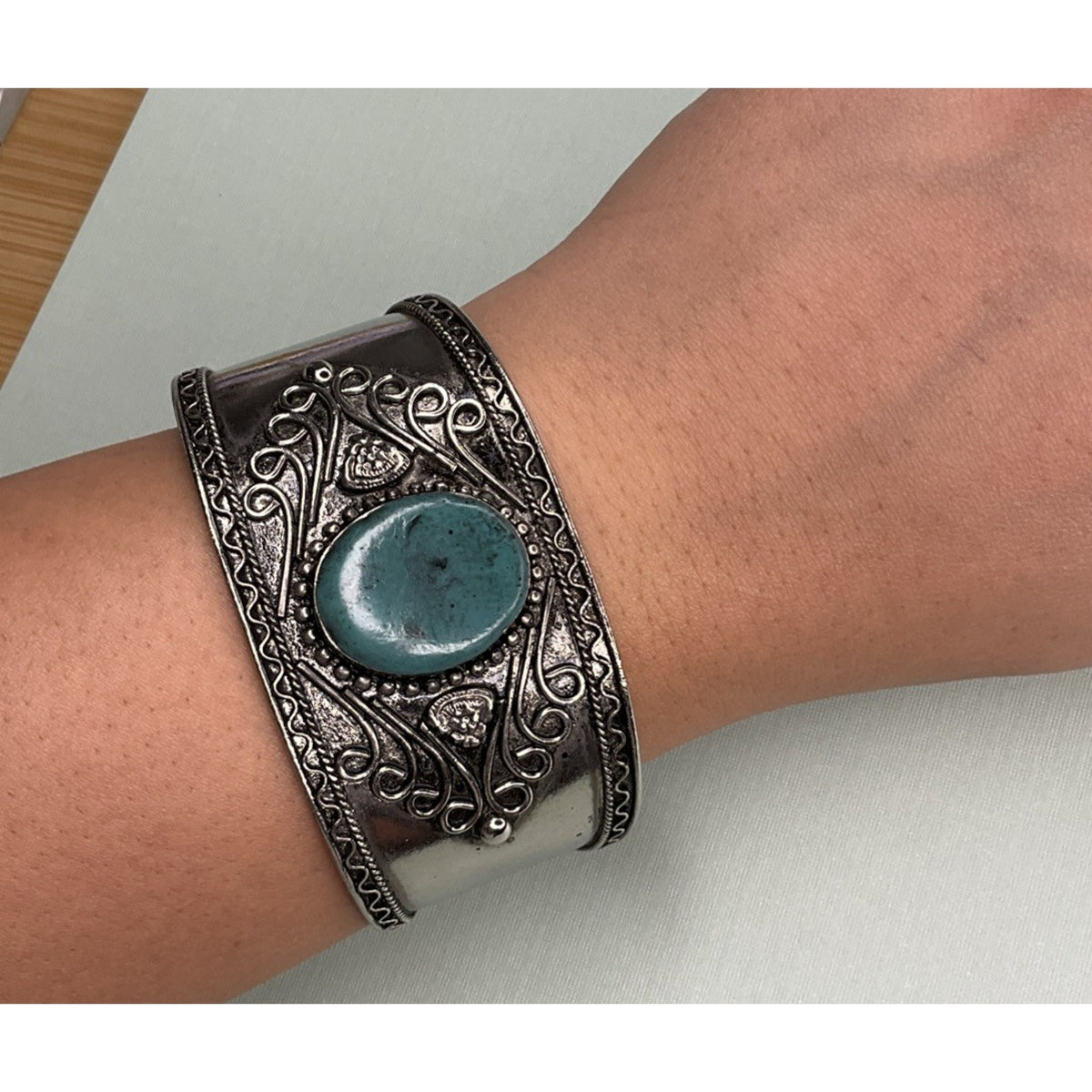 Sterling Silver Turquoise Cuff Bracelet 34g Wide Ornate Southwestern Style