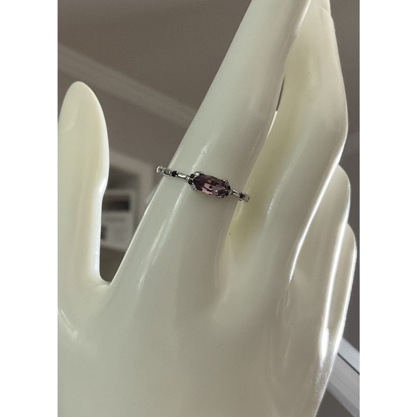 Sterling Silver Pink Marquise Gemstone Ring – Black Spinel & CZ Accents Size 10