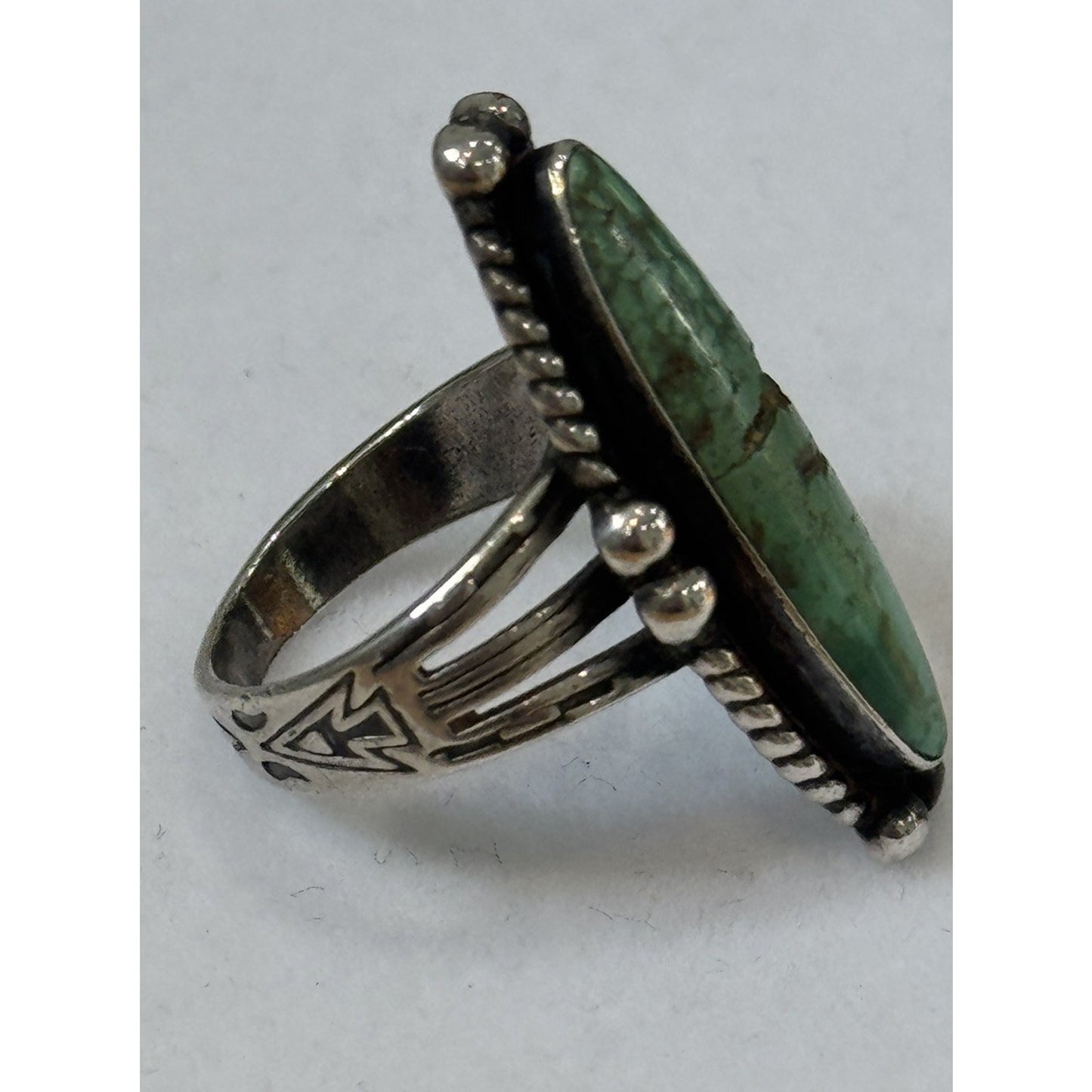 Vintage Navajo Turquoise Sterling Silver Green Turquoise Ring Old Pawn Size 6.5