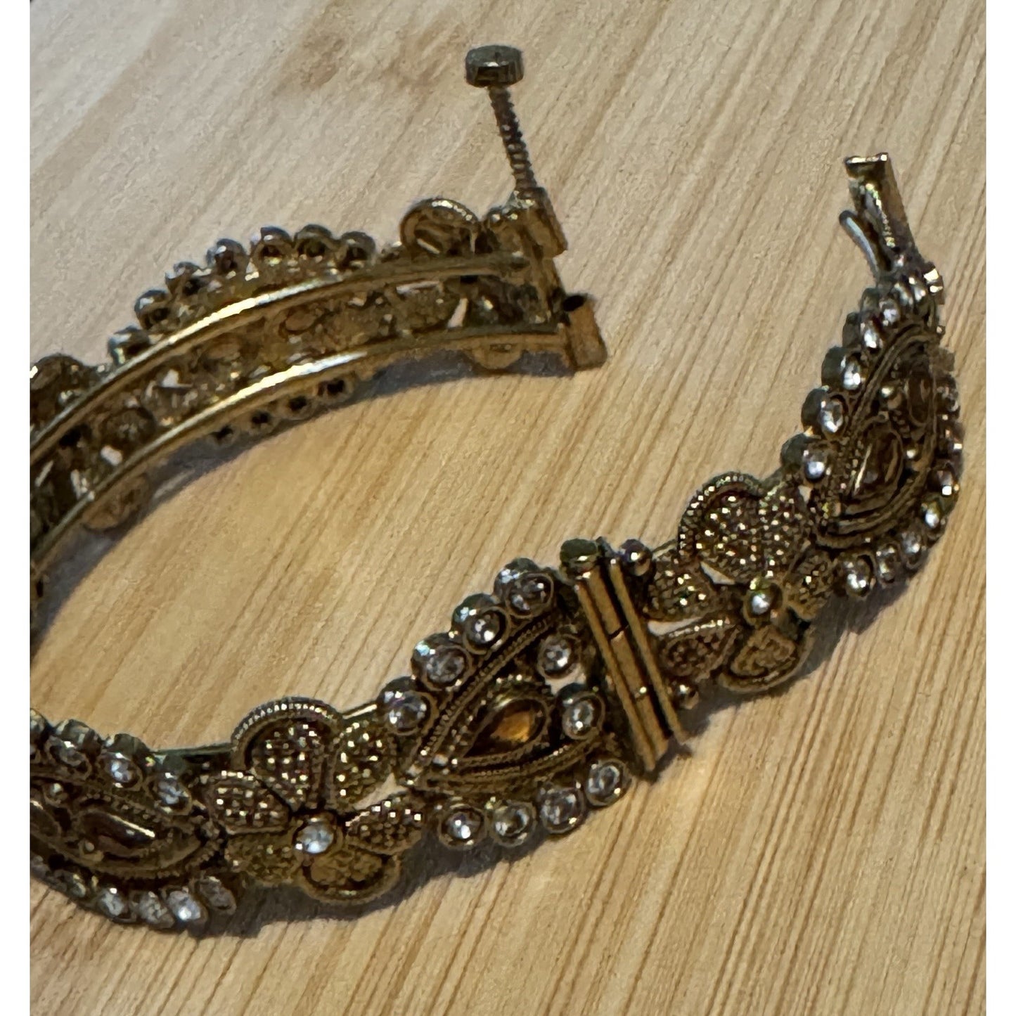 Vintage Etruscan Revival Filigree Rhinestone Amber Glass Bracelet