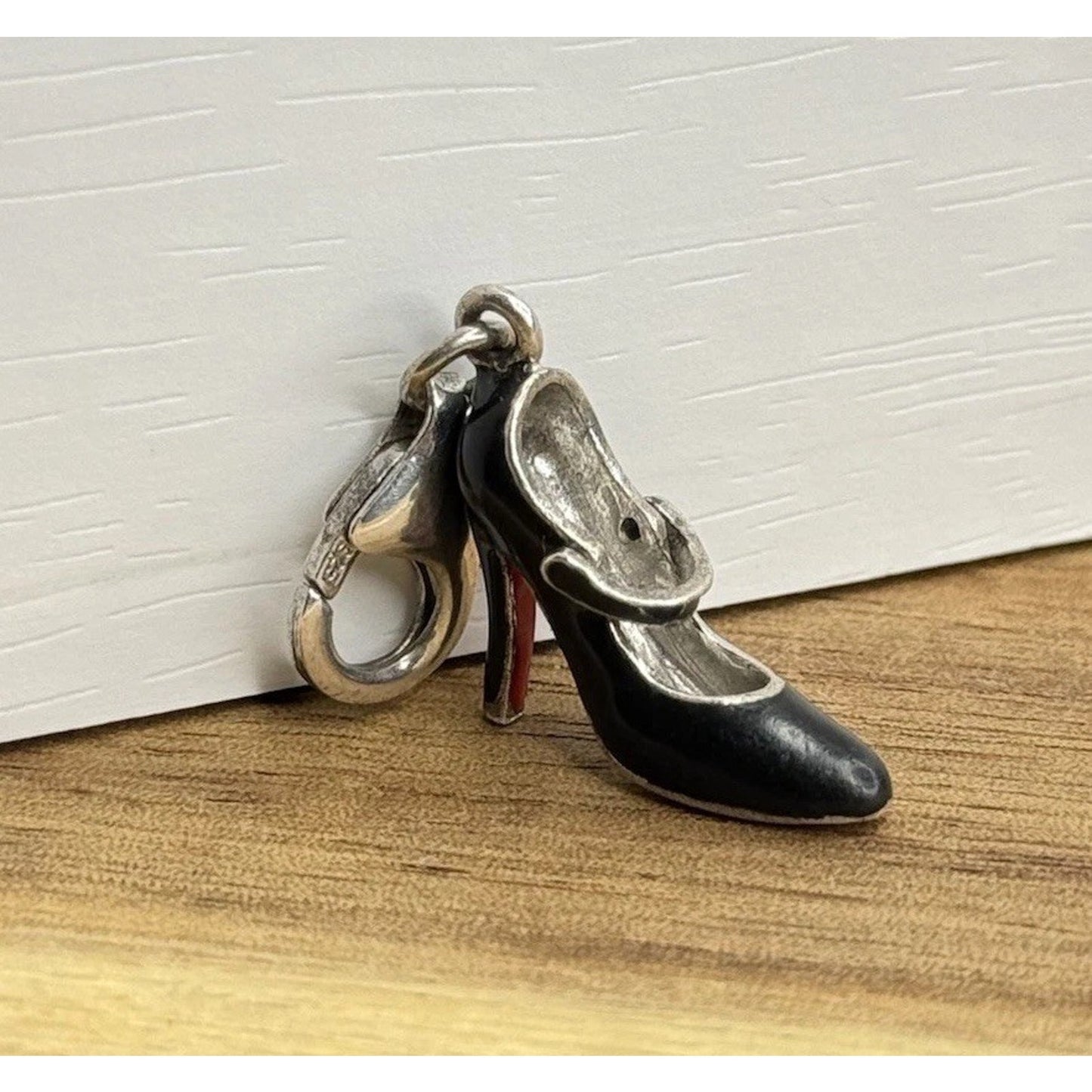 Vintage Sterling Silver and Black Enamel Heel W/ Red Bottoms Clip-On Charm