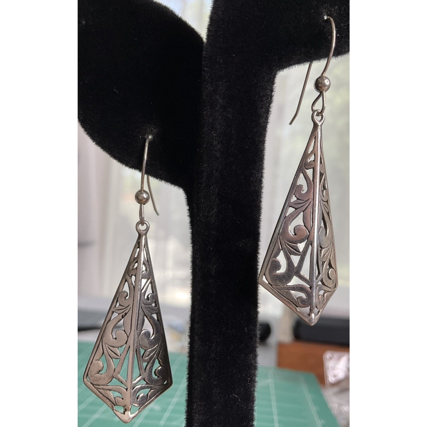 Vintage Sterling Silver Open Work Ornate Scroll Vine Hook Dangle Earrings Signed