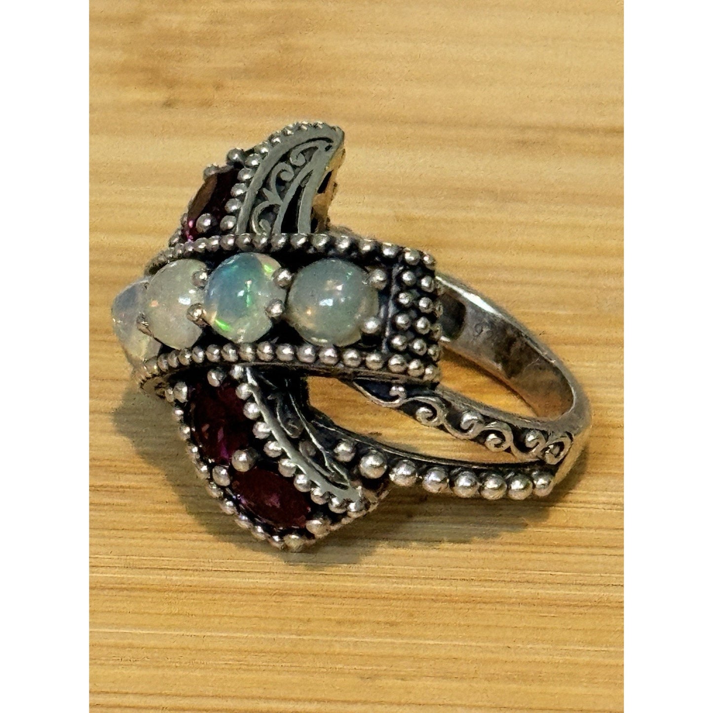 Vintage Sterling Silver Opal & Garnet Statement Ring Boho Bali Ring Size 8.5