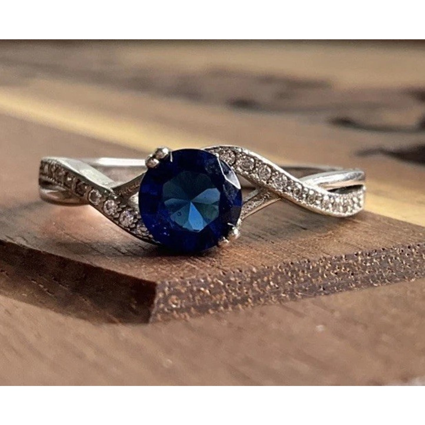 Sterling Silver Blue Sapphire Ring Size 8.5 Round Solitaire Halo Twist