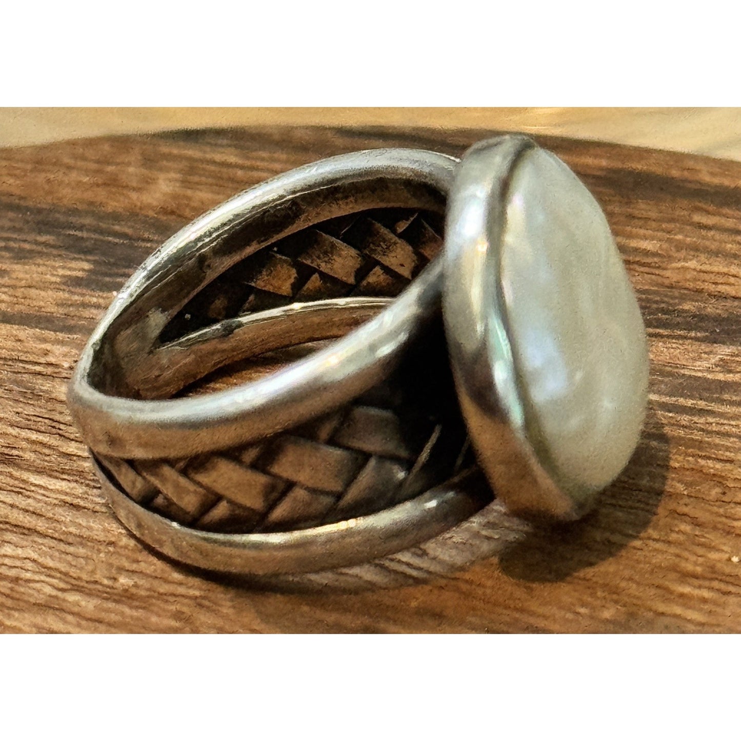 Vintage CFJ Thai Mother of Pearl 925 Sterling Silver Statement Ring Size 6.5
