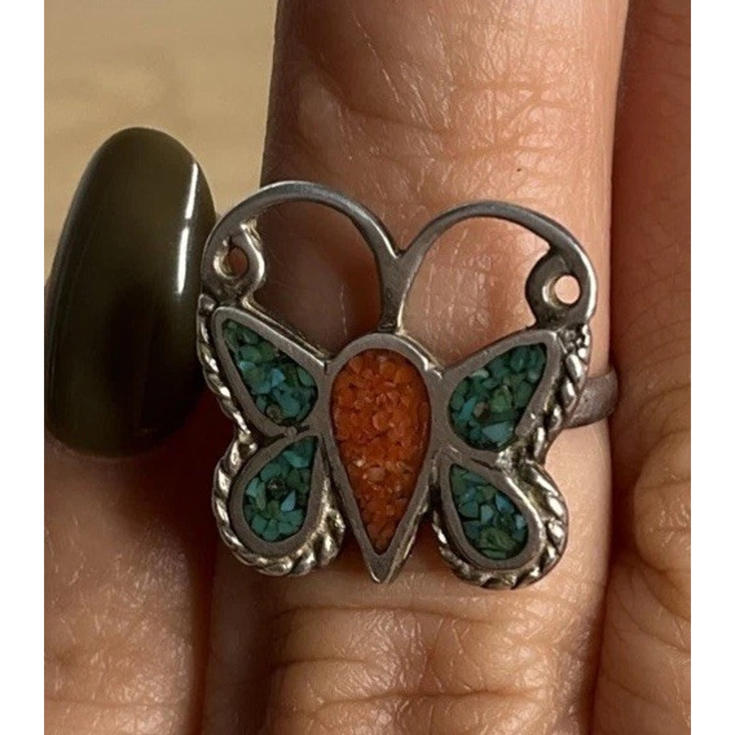 Vintage Sterling Silver Crushed Turquoise Native American Butterfly Ring Sz 5.5