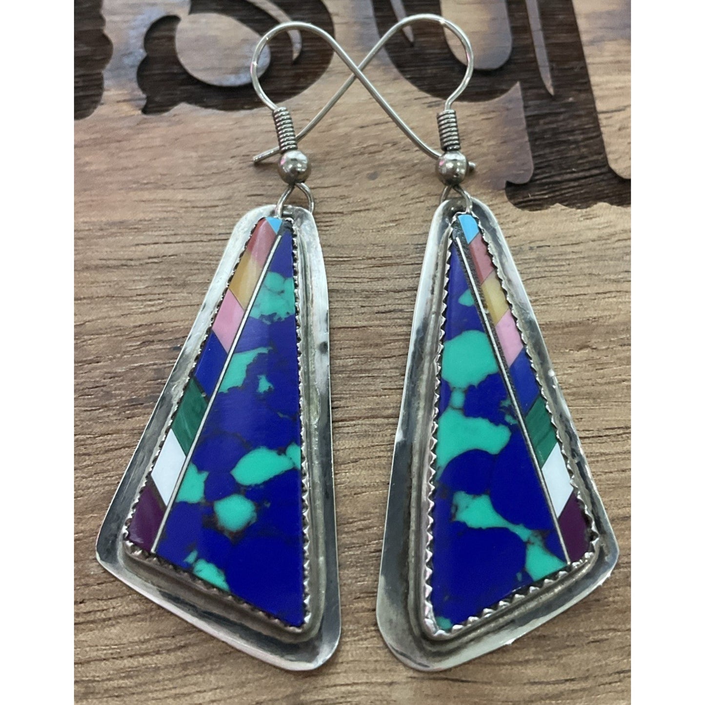 Southwest Sterling Silver Colorful Inlay Triangle Earrings