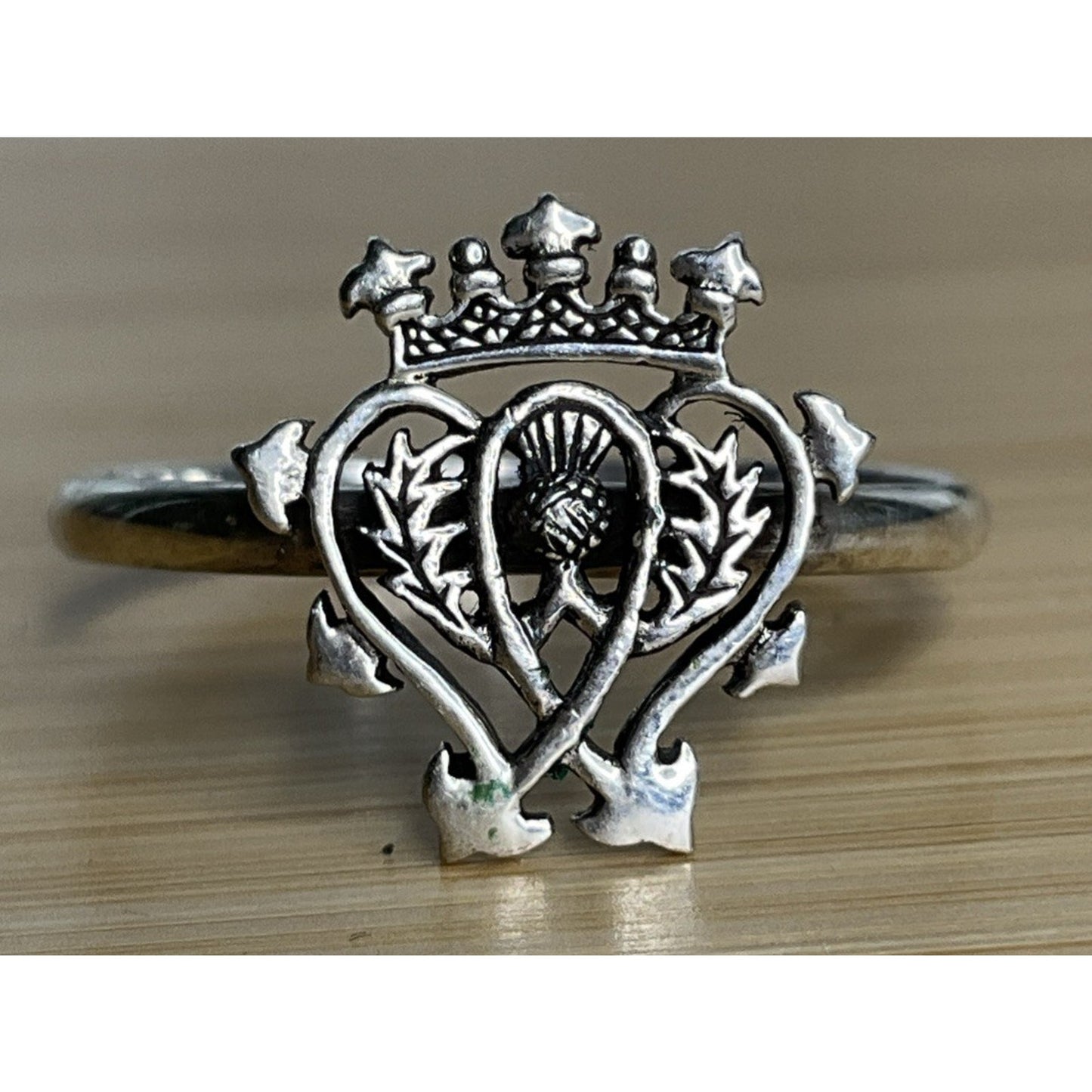 Vintage Sterling Silver Scottish Claddagh Ring Crown Heart Thistle Size 9