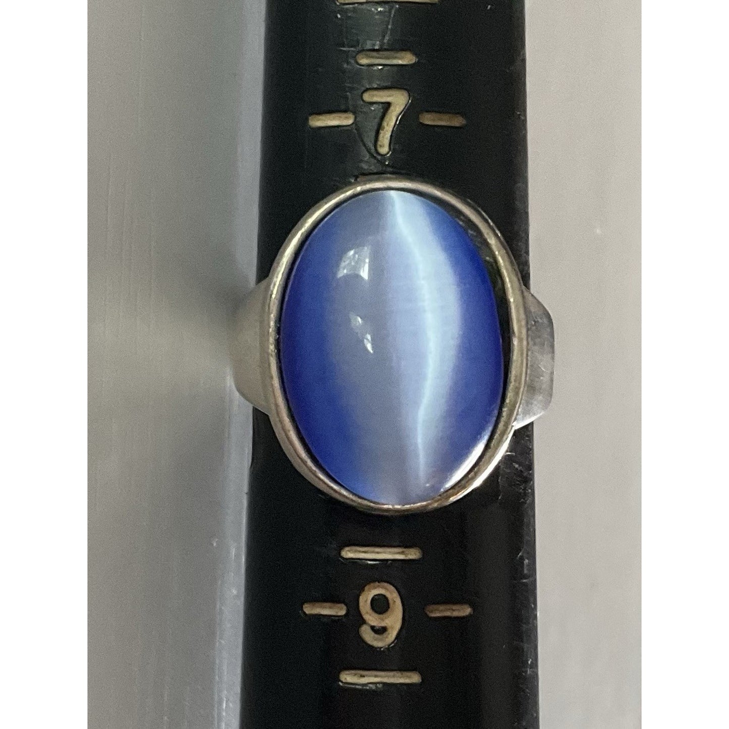 Vintage Large Blue Cabochon Cats Eye Statement Ring 925 Sterling Silver Size 8
