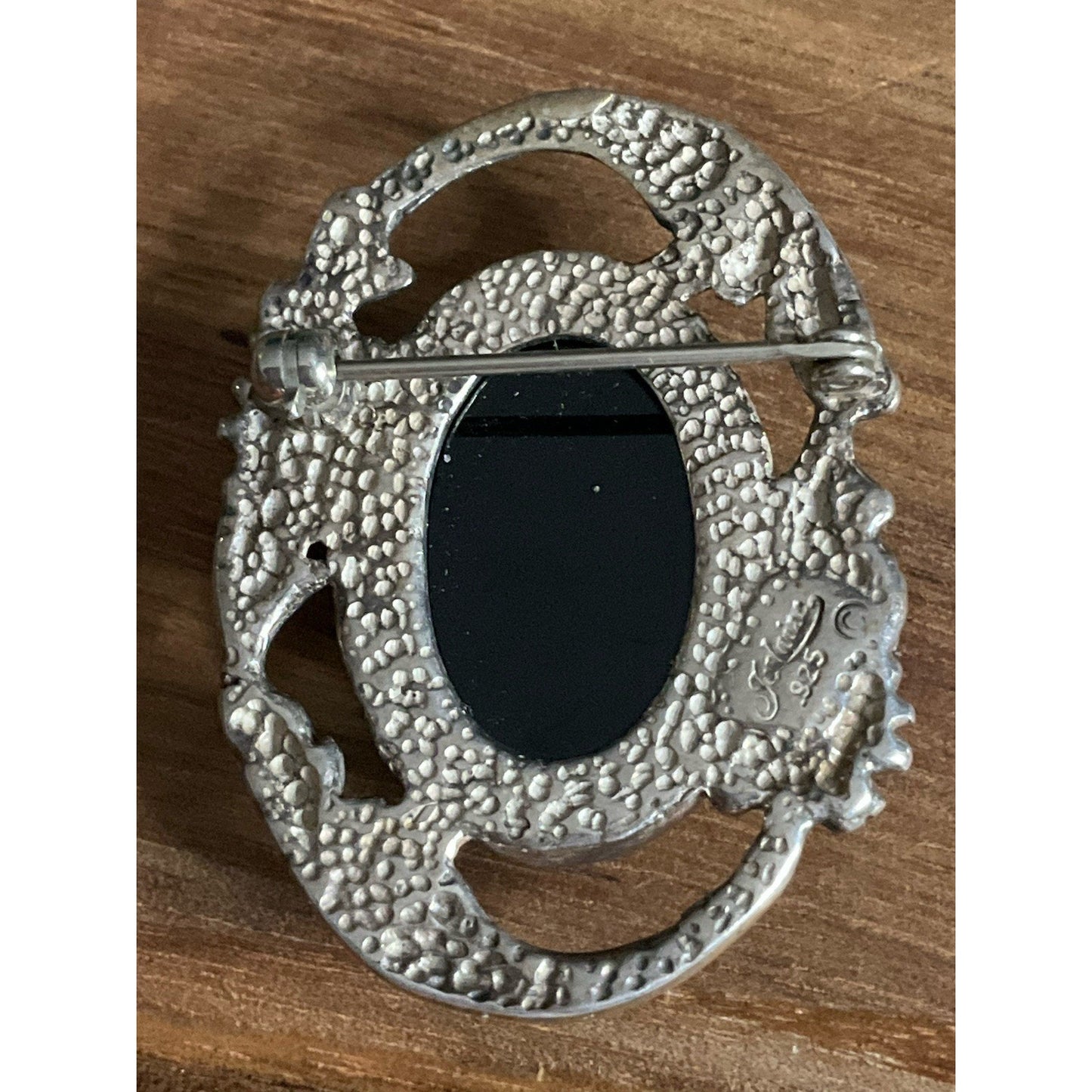 Vintage J Kalina Sterling Silver Floral Brooch with Black Onyx Cabochon 12.5g