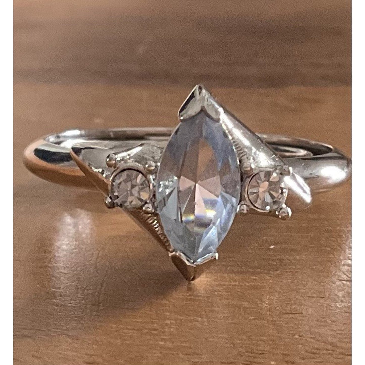 Vintage Sterling Silver 925 Blue Topaz Marquise Ring w CZ Accents Size 8.5