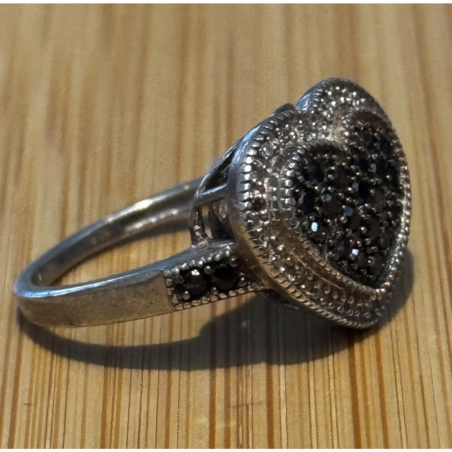 Vintage Sterling Silver Black and White Moissanite Heart Cluster Ring Size 7.5