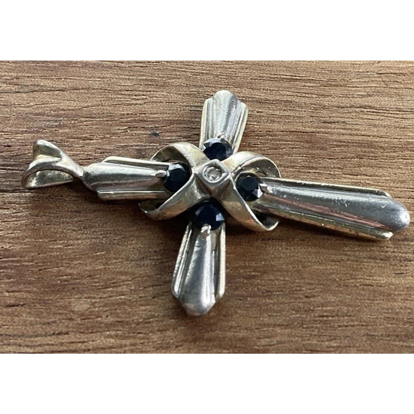 Vintage Sterling Silver Cross Pendant Black Stones W/God All Things Are Possible