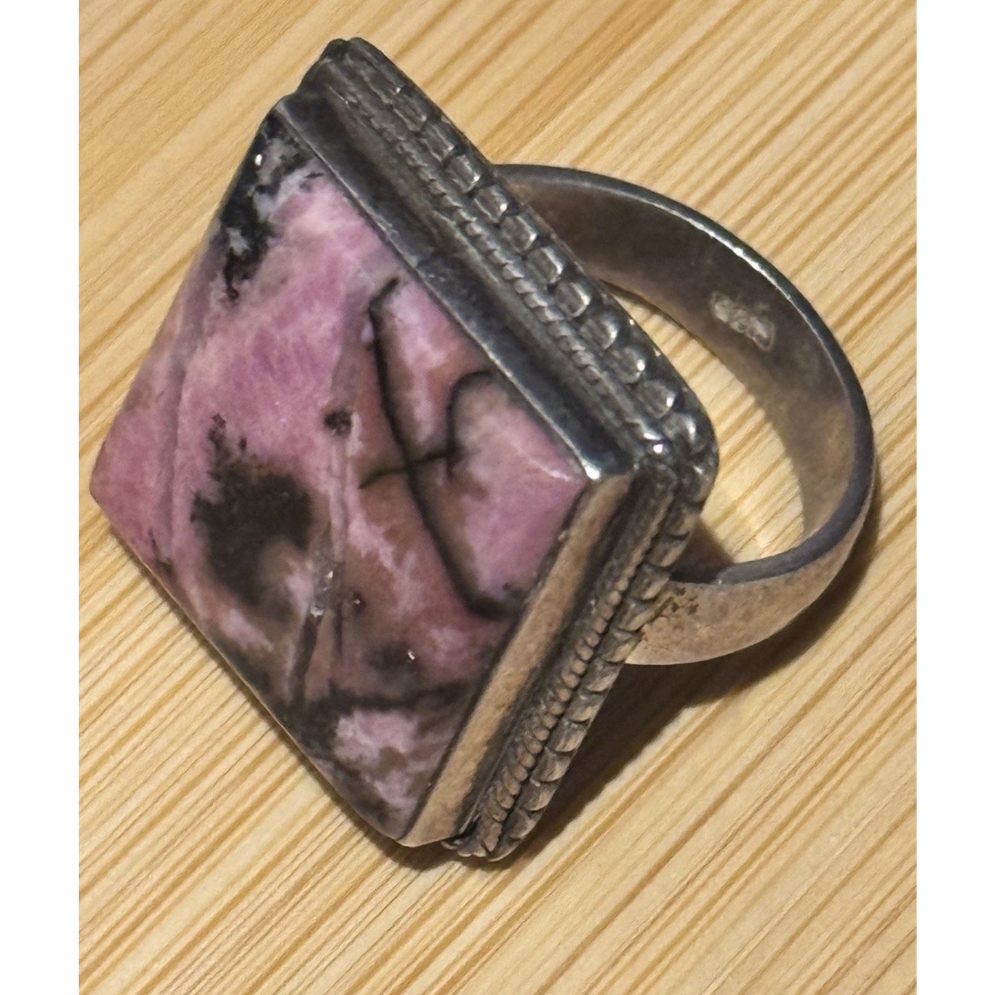 Estate Vintage Sterling Silver Rhodonite Artisan Geometric Statement Ring Size 9