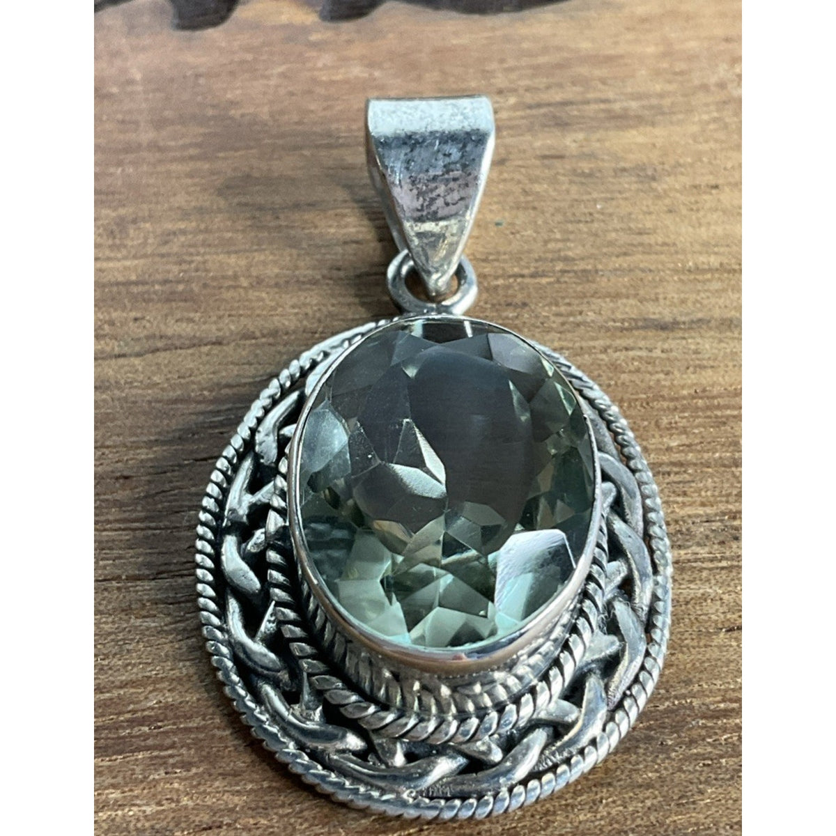 Vintage Prasiolite Sterling Silver Green Amethyst Oval Pendant And 925 Necklace