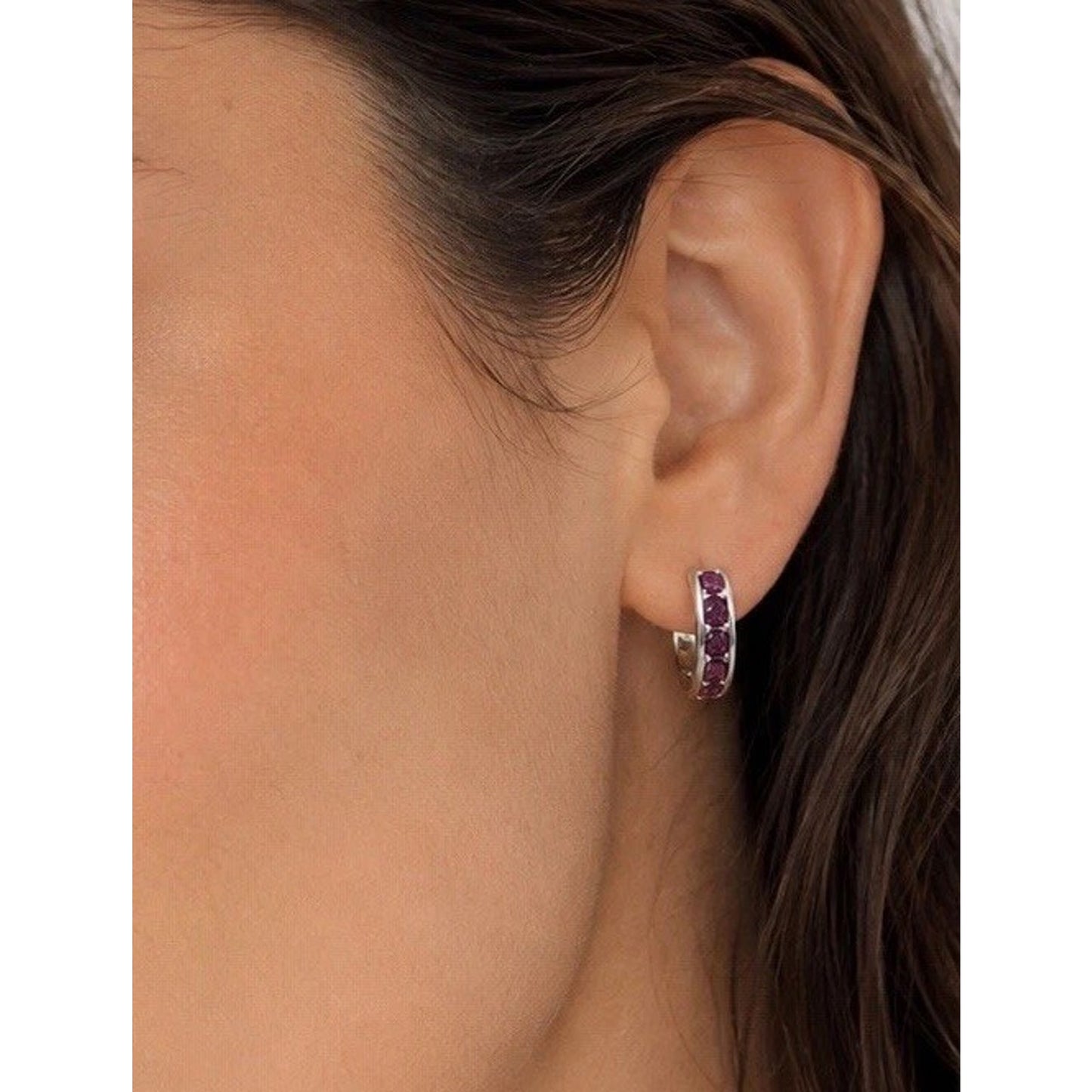 Vintage Sterling Silver Amethyst Purple gemstone Hoop Huggie Earrings