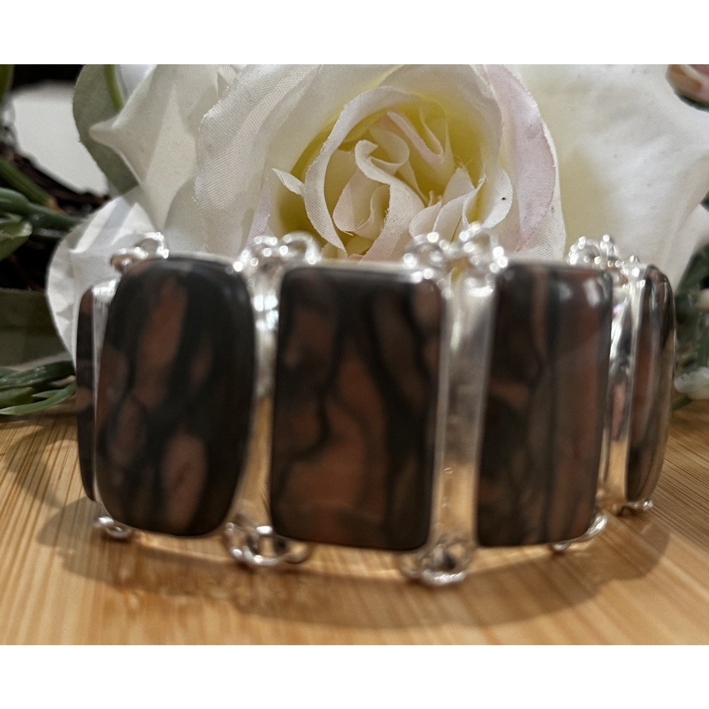 Vintage Sterling Silver Peanut Wood Jasper Bracelet 58g 7 - 8” Large Stone 925